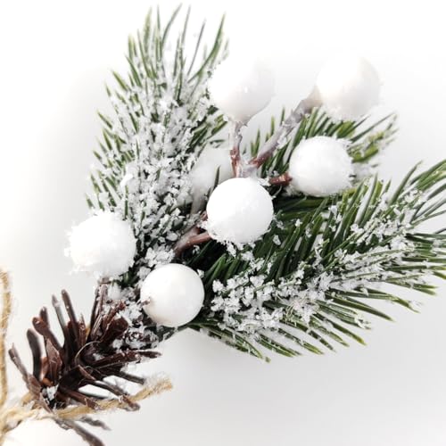 Artificial Christmas Pine Picks with Berries, Cones & Snow - 20pcs 8 Inch Decor