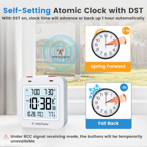 Digital Atomic Alarm Clock with Backlight & Temperature, Battery Operated Bedroom Clock