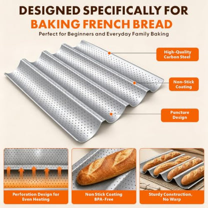 French Baguette Bread Pan Set - Nonstick 2-Pack with 8 Slots, Silver