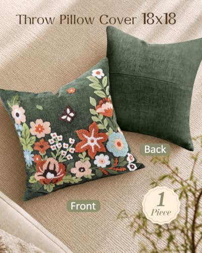 Embroidered Chenille Throw Pillow Cover 18x18 Inch - Green Garden - Pack of 1
