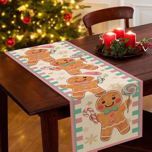 Christmas Gingerbread Man Table Runner Pink Holiday Decor 13x72 Inches Variation of Gingerbread Man-Pink
