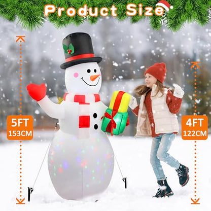 Art Deco 5ft Inflatable Snowman with Rotating LED Lights - Holiday Yard Decor