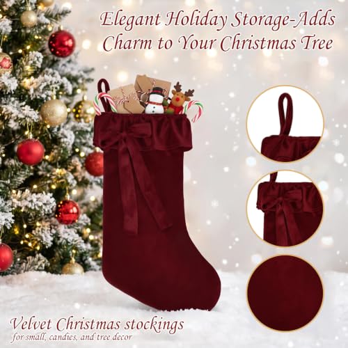 2PCS Extra Large Velvet Christmas Stockings 20 Inch Burgundy with Bow