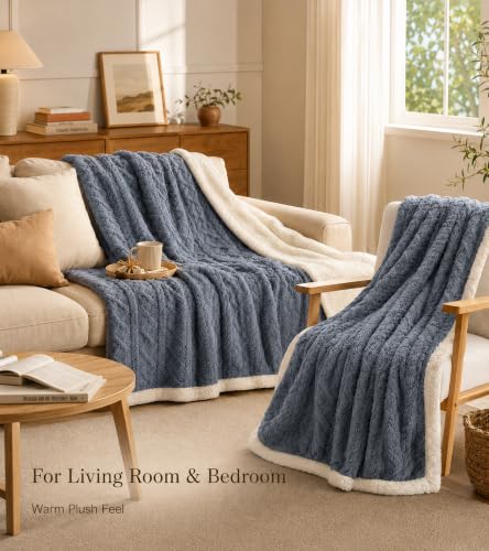 Reversible Sherpa Fleece Blanket for Bed - Blue, Twin 71x79 Inches - Heavyweight Warmth