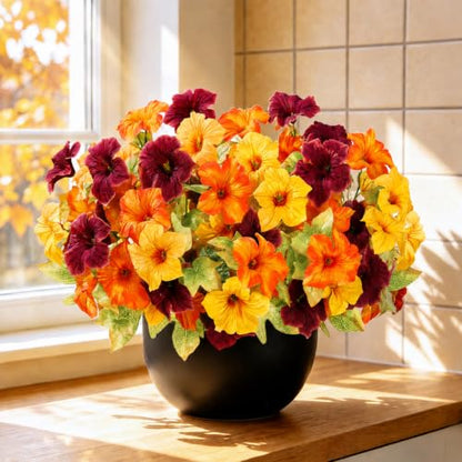 Artificial Petunias Flowers Set - Burgundy, Orange & Yellow, UV Resistant Outdoor