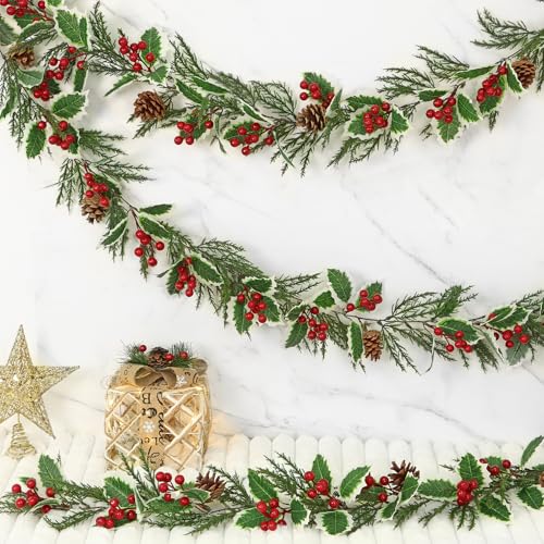 Cedar Christmas Garland 13FT - 2 Pack Artificial Holly Pine Cones & Berry Decor