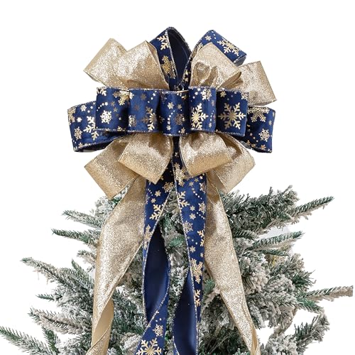 Christmas Tree Topper Bow with Glitter Satin Mesh and Patterned Ribbon - Blue Golden, 40x13 Inches