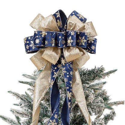 Christmas Tree Topper Bow with Glitter Satin Mesh and Patterned Ribbon - Blue Golden, 40x13 Inches