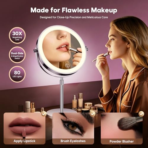 Nickel 9-Inch Double-Sided Lighted Makeup Mirror with 30X Magnification & Adjustable Brightness