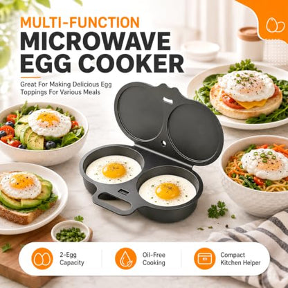 Microwave Egg Poacher Set for 2 Eggs with Lid & Handle - Quick Oil-Free Cooking