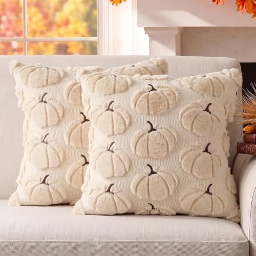 Fall Pumpkin Pillow Covers 18x18 Set of 2 Beige - Seasonal Decor