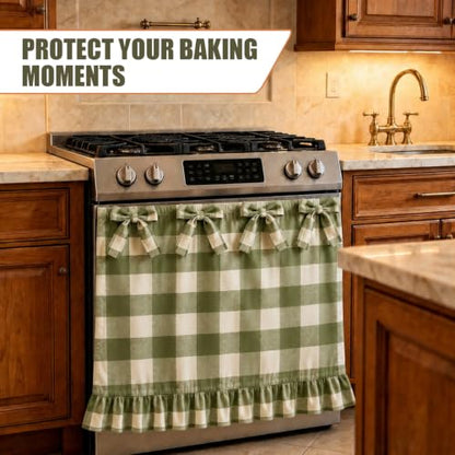 Farmhouse Sage Green Oven Skirt Curtain with Tied Bows - Coarse Check Pattern