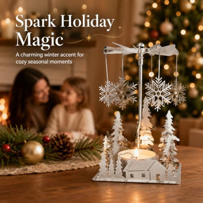 Winter Cabin Silver Holiday Candle Spinner Set of 3 - Laser Cut Christmas Scene, Christmas Decor