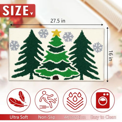 Christmas Bathroom Rug - Green Tree Christmas Decor, Non-Slip Xmas Mat