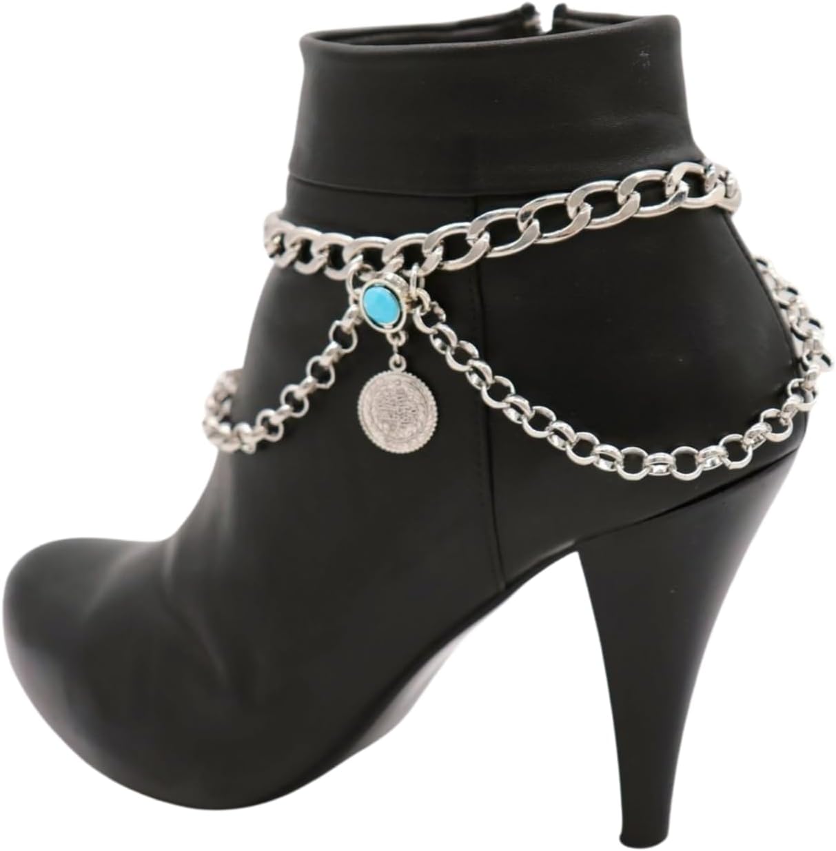 Skiennix Women's Silver Boot Chain Anklet Set - Ethnic Coin & Turquoise Beads, Adjustable 11-15 in