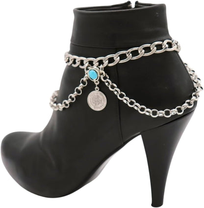 Skiennix Women's Silver Boot Chain Anklet Set - Ethnic Coin & Turquoise Beads, Adjustable 11-15 in
