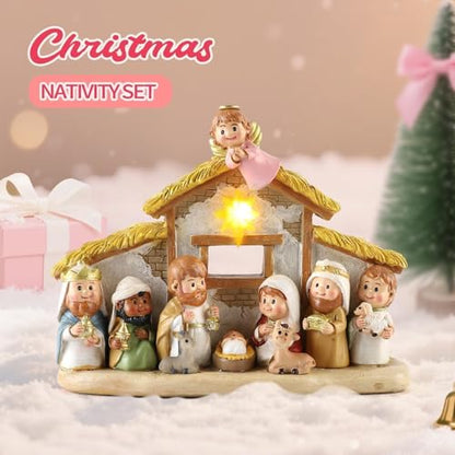 Nativity Scene Set with Praying Angel and LED Lights - 8 Inch Holy Family Statue with Multicolor Stable Variation
