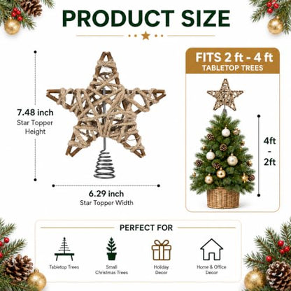 6 Inch Rustic Christmas Tree Topper with LED Light - Farmhouse Star Decor
