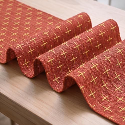 Red Cross-Star Textured Table Runner - Seasonal Christmas Rustic Decor 13x108 Inch