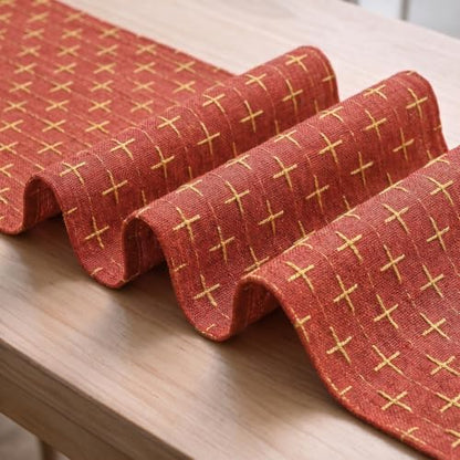 Red Cross-Star Textured Table Runner - Seasonal Christmas Rustic Decor 13x108 Inch