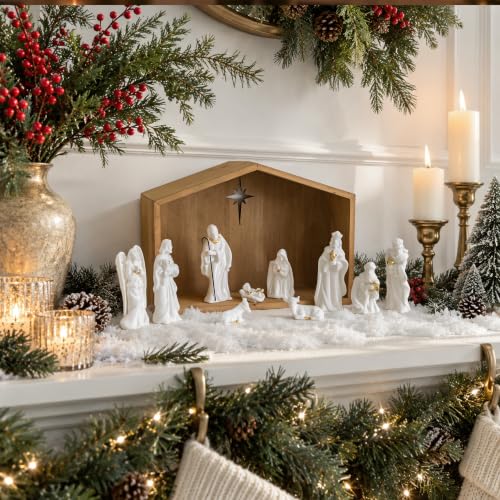 White Ceramic Nativity Set with Wooden Stable - 11 Piece Christmas Scene
