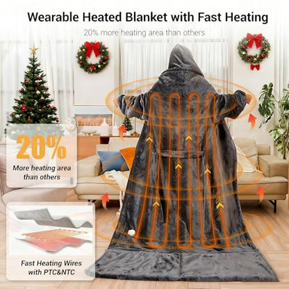 Dark Gray Wearable Heated Blanket with Removable Foot Pocket - 50x80 inches, 9 Temp Settings