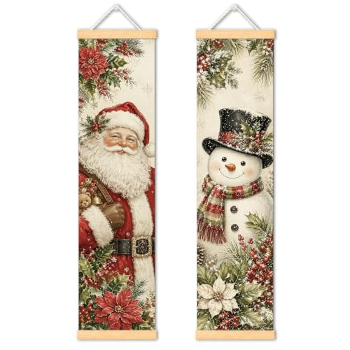 Christmas Porch Banner Set of 2 - Santa Snowman Holiday Door Decor - 31.5x7.8 Inches - Festive Canvas Wall Hangings - Easy Hang Seasonal Decor - Family & Party Gift