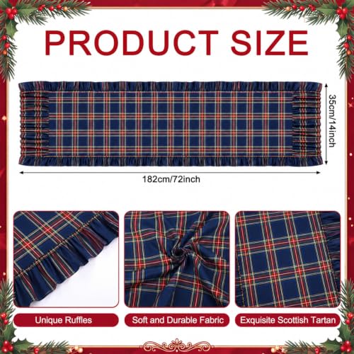 Navy Blue and Red Tartan Christmas Table Runner 72 Inch Ruffled