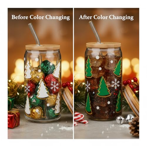 FillTouch 4 Pack Christmas Color Changing Glass Cups 16 oz with Lids & Straws - Variation 4