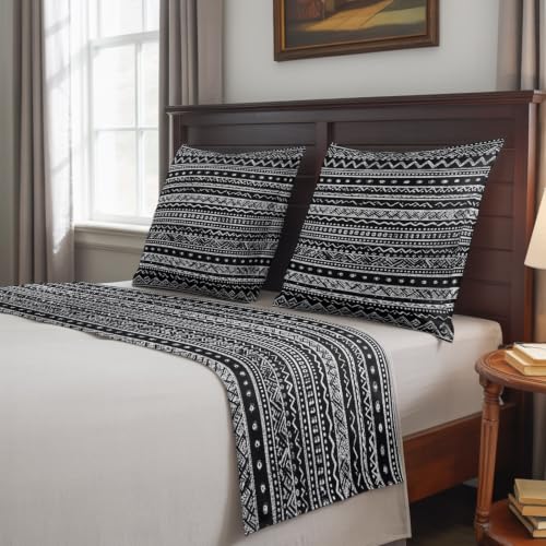 94x20 Inch Boho Bed Runner Set with 2 Pillow Covers - Black White Tribal Geometric
