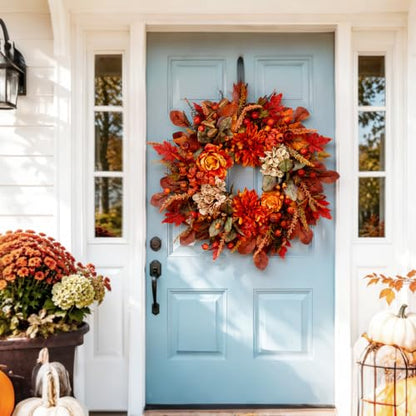 Autumn Harvest Wreath for Front Door - 26 Inch Fall Decor with Orange Dahlias & Maple Leaves