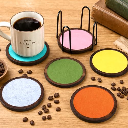 Mid Century Modern Wooden Coaster Set with Colorful Felt Inserts - 6 Pieces
