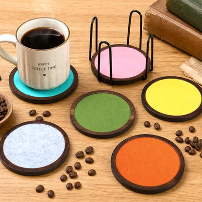 Mid Century Modern Wooden Coaster Set with Colorful Felt Inserts - 6 Pieces
