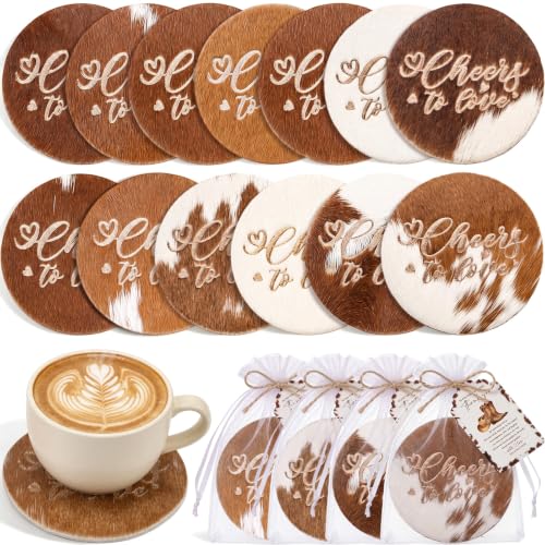 Natural Leather Cowhide Coasters Wedding Favors Set with Organza Bags & Thank You Cards