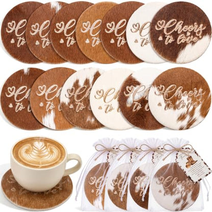Natural Leather Cowhide Coasters Wedding Favors Set with Organza Bags & Thank You Cards