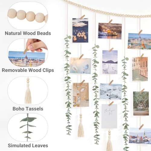 Boho Hanging Photo Display with Beads and Faux Eucalyptus Wall Decor