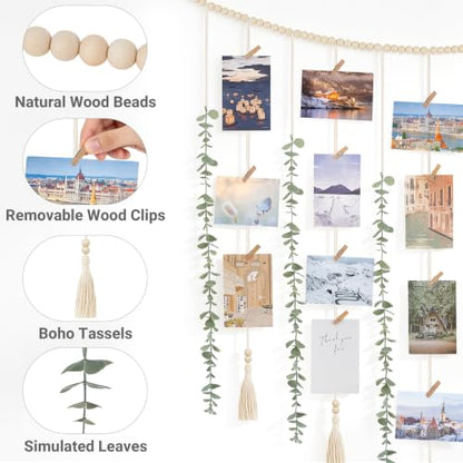 Boho Hanging Photo Display with Beads and Faux Eucalyptus Wall Decor