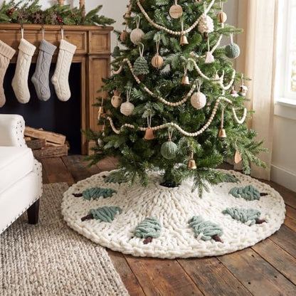 48-Inch Chunky Knit Christmas Tree Skirt Beige with Tree Pattern - Holiday Decor