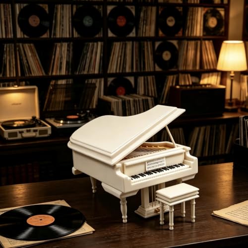 Wooden Music Box with Piano Bench and Black Case - Romantic Gift for Piano Lovers