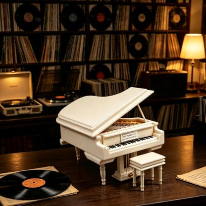 White Piano Music Box with Bench & Black Case - Melody for Elise Gift