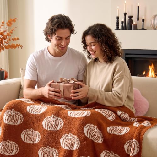 Pumpkin Fall Throw Blanket - Burnt Orange 50x60 with White Pumpkins - Seasonal Decor & Gift