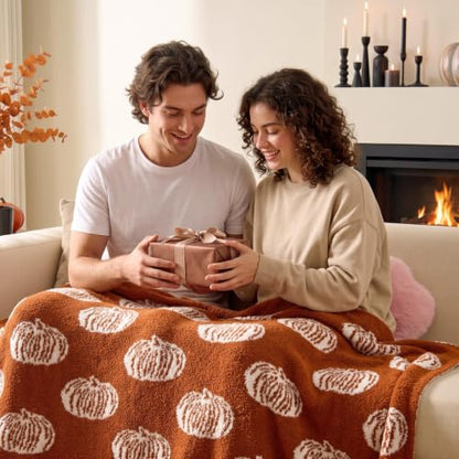 Pumpkin Fall Throw Blanket - Burnt Orange 50x60 with White Pumpkins - Seasonal Decor & Gift