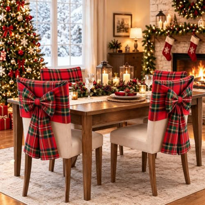 Christmas Bow Chair Back Covers - Red & Green Plaid Linen Holiday Seat Slipcovers with Adjustable Bows - Set of 4