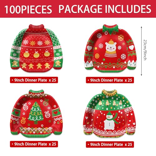 100 Pack Christmas Ugly Sweater Paper Plates - Holiday Party Supplies