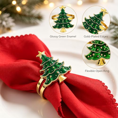Christmas Tree Napkin Rings Set of 6 - Green Holiday Table Decor