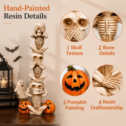 Hodao Halloween Decor Skeleton Figurine - White Three-Tier Pumpkin Design