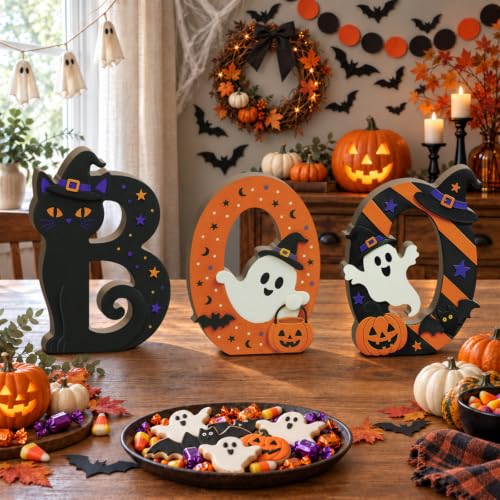 Putuo Decor Halloween BOO Letters Tabletop Decoration - Self-Standing Spooky Sign with Witch-Hat Cat, Ghost & Pumpkin - Orange, Black, Purple & White - Variation: BOO Letter