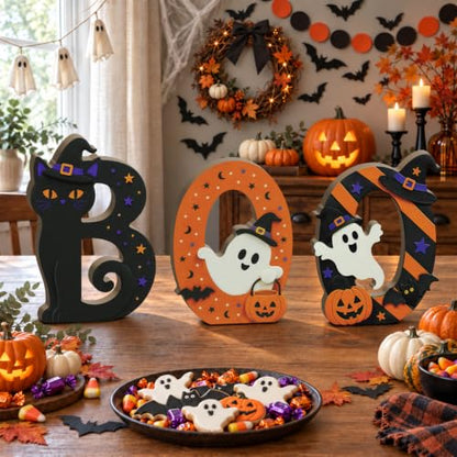 Putuo Decor Halloween BOO Letters Tabletop Decoration - Self-Standing Spooky Sign with Witch-Hat Cat, Ghost & Pumpkin - Orange, Black, Purple & White - Variation: BOO Letter