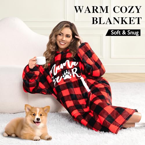Wearable Blanket Hoodie for Mom Wife - Red & Black, Gift for Women