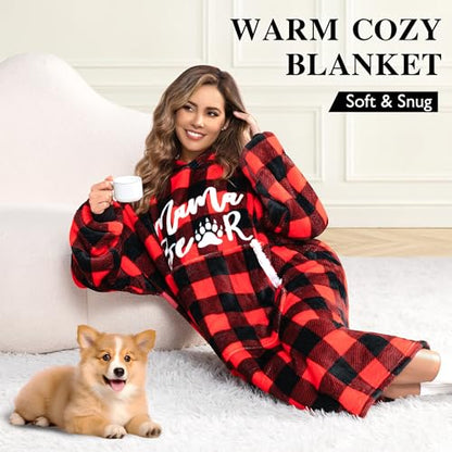 Wearable Blanket Hoodie for Mom Wife - Red & Black, Gift for Women